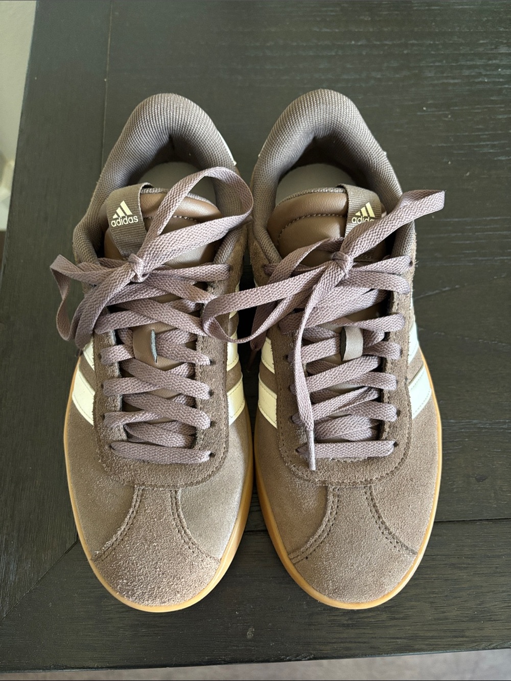 adidas Women’s Brown Suede Sneakers with White Stripes VL court 3.0